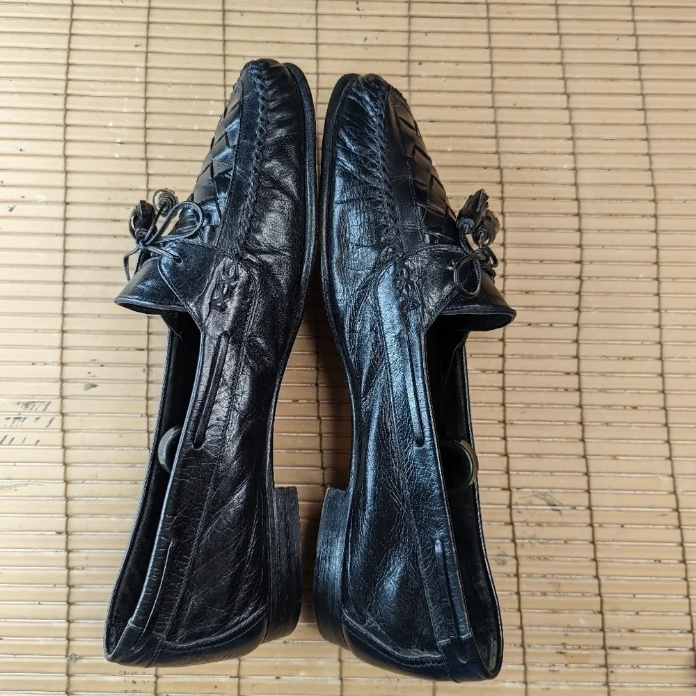 Johnston & Murphy Black Leather Woven Vamp Tassel Loafers Sz 11N Made In Italy